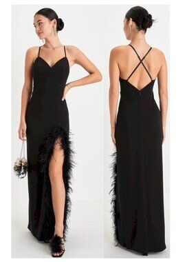 Lulus Remarkable Muse Black Feather Backless Maxi Dress Size Medium NWOT